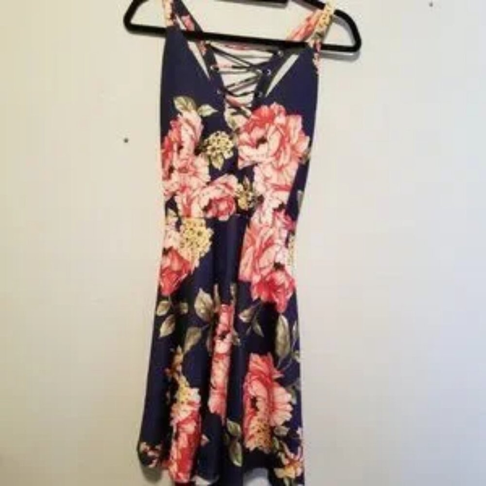 FASHION NOVA floral blue and pink mini dress with tie up back NWT